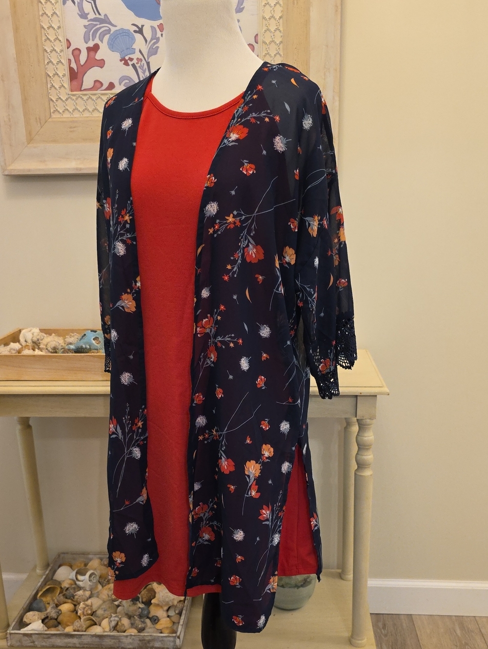 Wallflower Navy Floral Kimono with Orange Slip